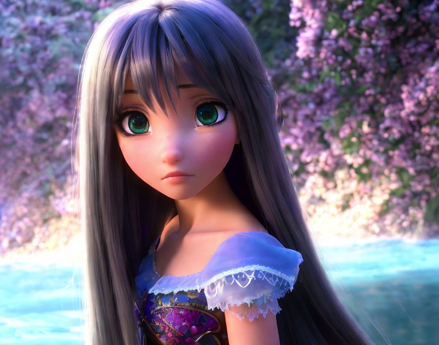 Young Female Character with Long Gray Hair in Purple Outfit Among Pink Flowers