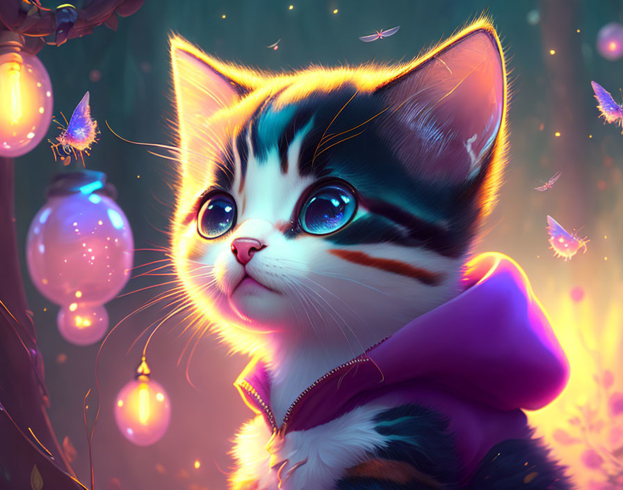 Wide-eyed kitten with glowing butterflies and lanterns in whimsical fantasy scene