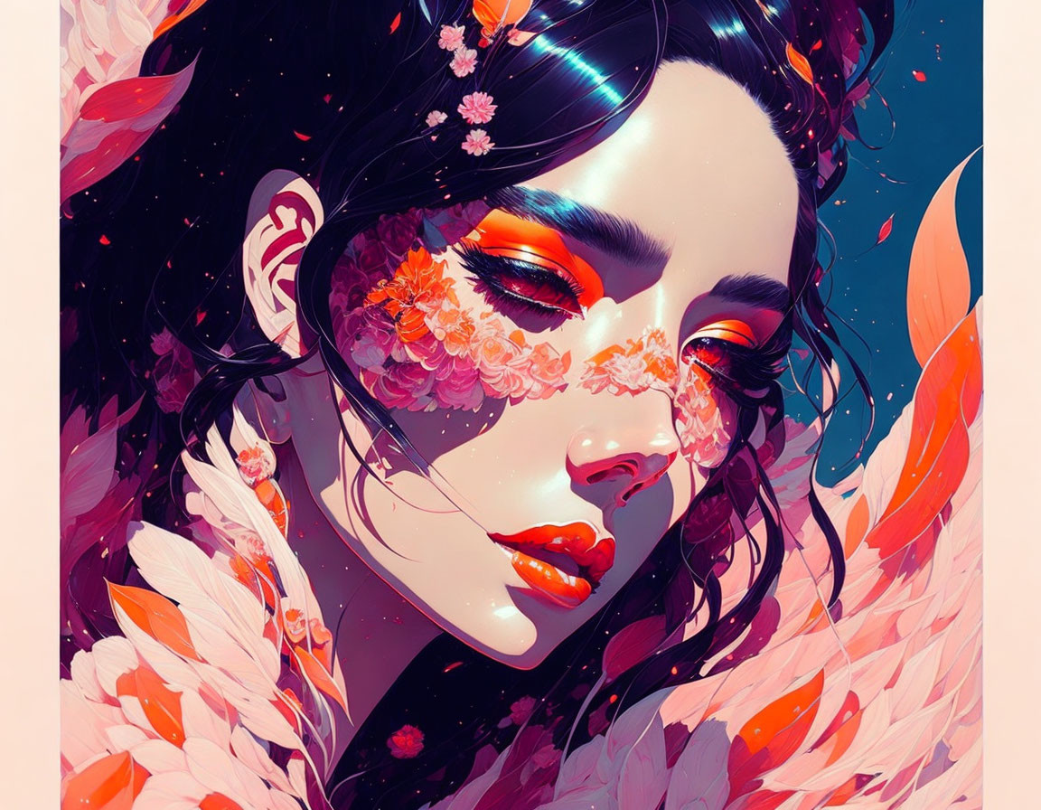 Vibrant digital artwork of woman with flowers and feathers.