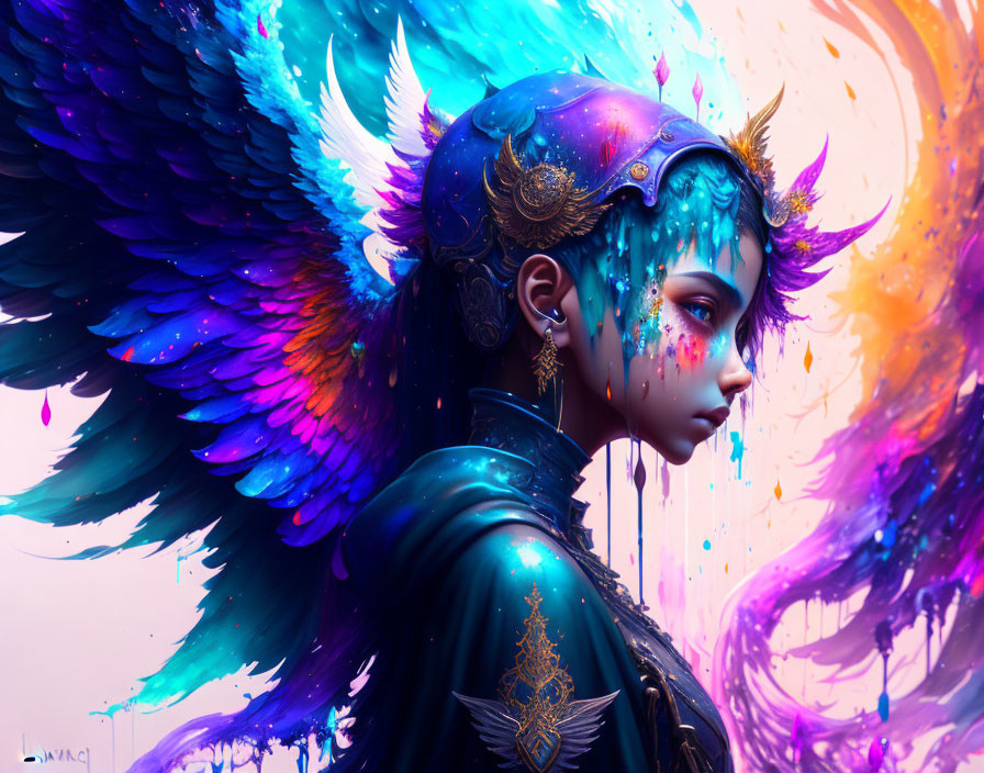 Colorful winged person in profile with ornate headdress - fantasy art style