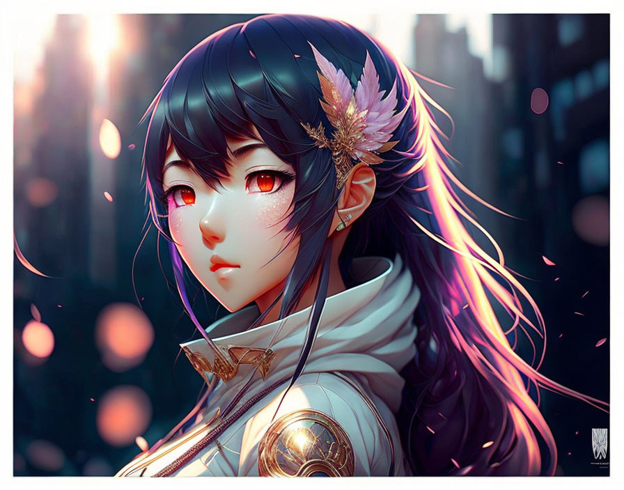 Female character with black hair, feather accessory, red eyes, white outfit, gold shoulder piece, against