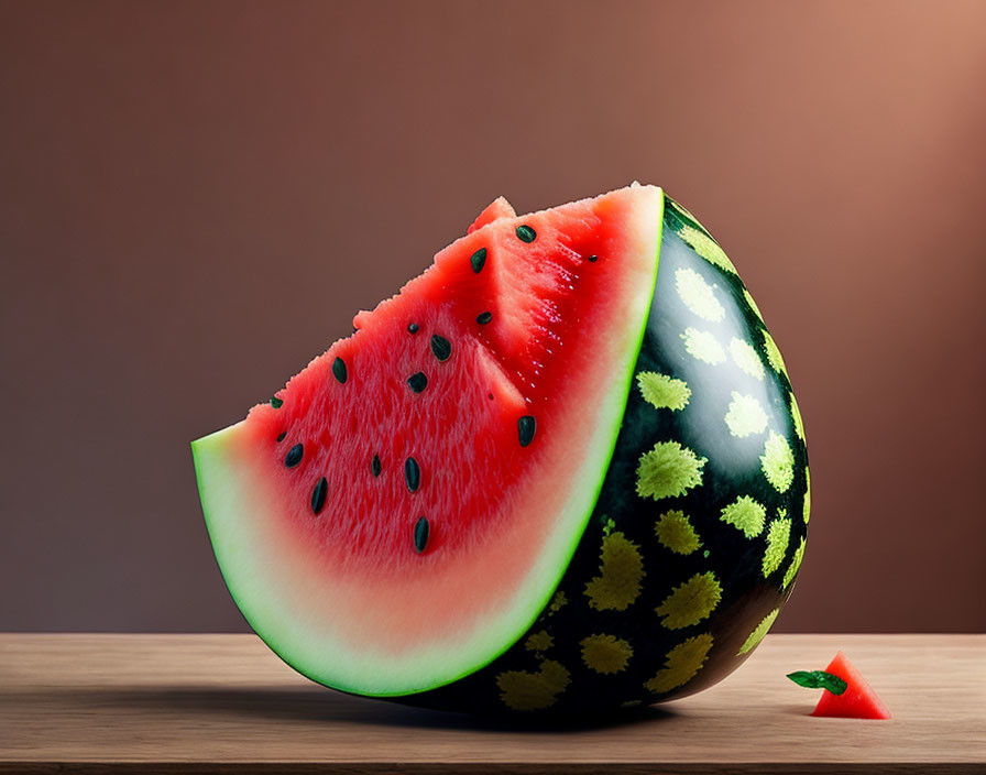 Ripe watermelon slice with seeds on wooden surface