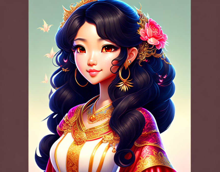 Traditional golden outfit illustration: Woman with dark hair, gold ornaments, pink flower, red accents, and