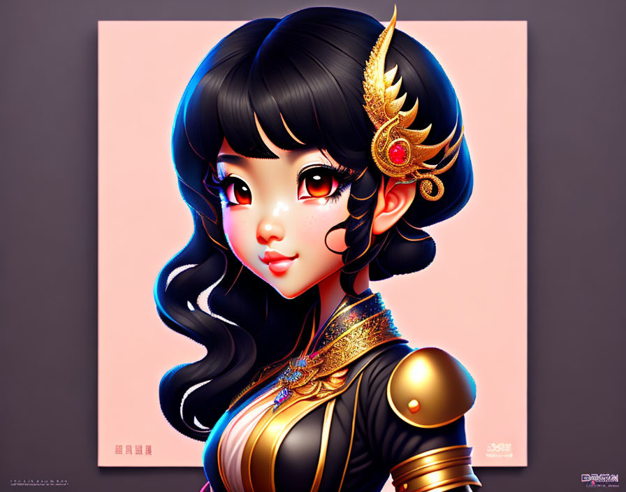 Stylized digital artwork: Female character with expressive eyes and ornate golden armor