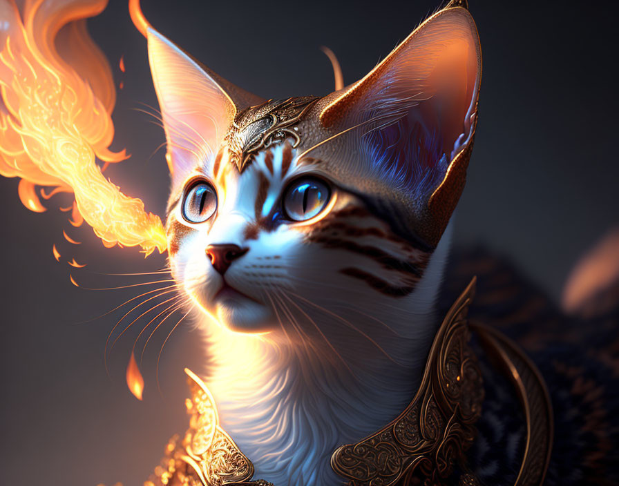 Fantastical fiery cat in golden armor and headpiece on dark background