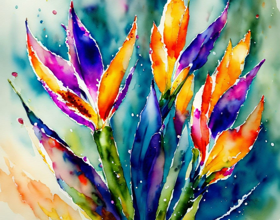 Colorful Watercolor Painting of Stylized Flowers