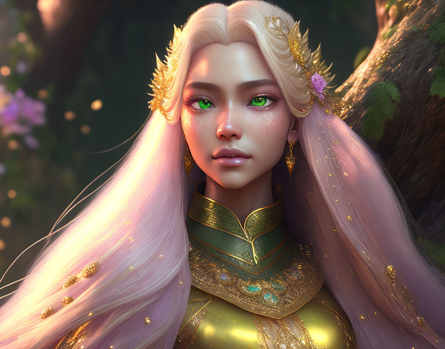 Ethereal figure with green eyes, gold attire, pink hair in forest setting