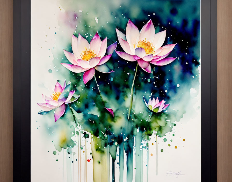 Vibrant watercolor painting of three pink lotus flowers with cosmic background on wall