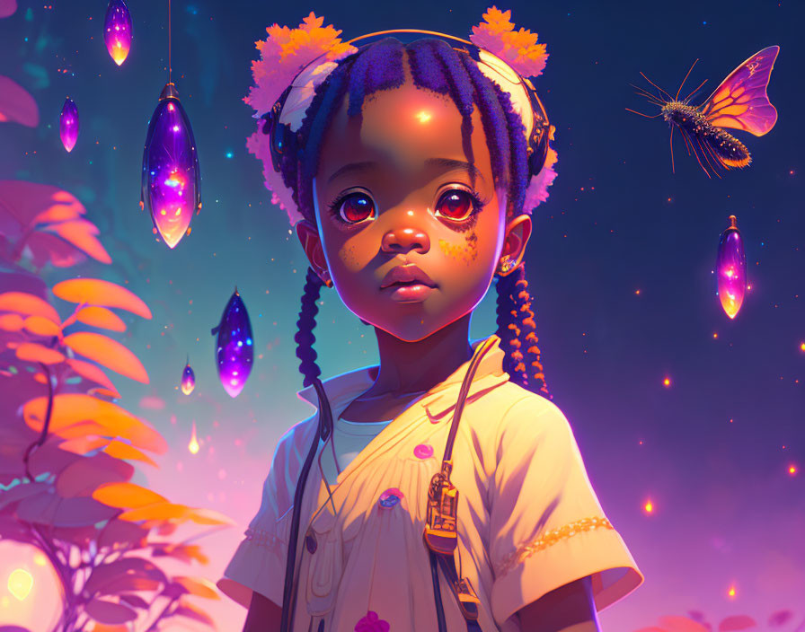 Illustrated young girl with expressive eyes, lanterns, butterfly in magical twilight.