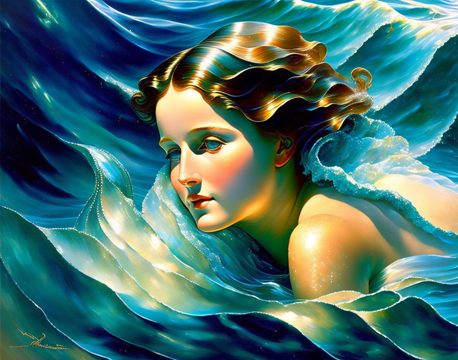 Colorful painting of woman with flowing hair in luminous blue waves