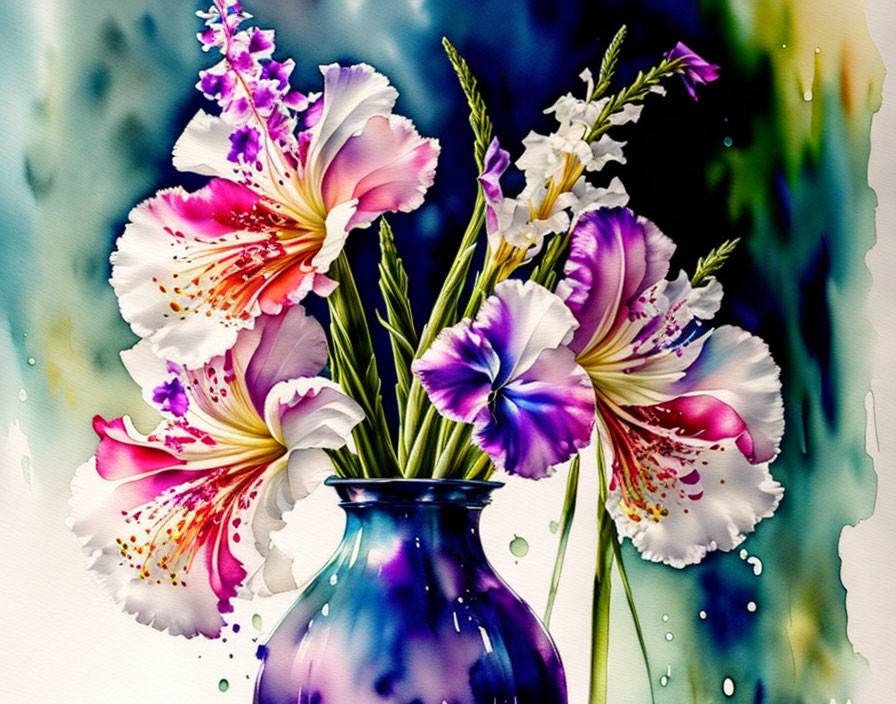 Colorful Pink and Purple Flowers in Blue Vase on Abstract Watercolor Background