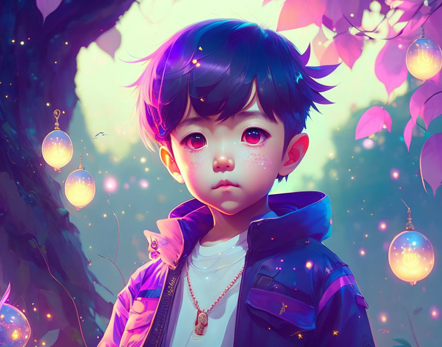 Child with large eyes and dark hair in magical lantern-lit scene