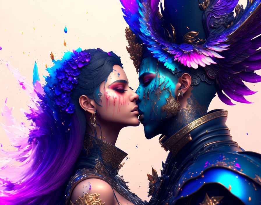 Digital art: Two blue-skinned characters with colorful feathered headpieces in a close embrace.