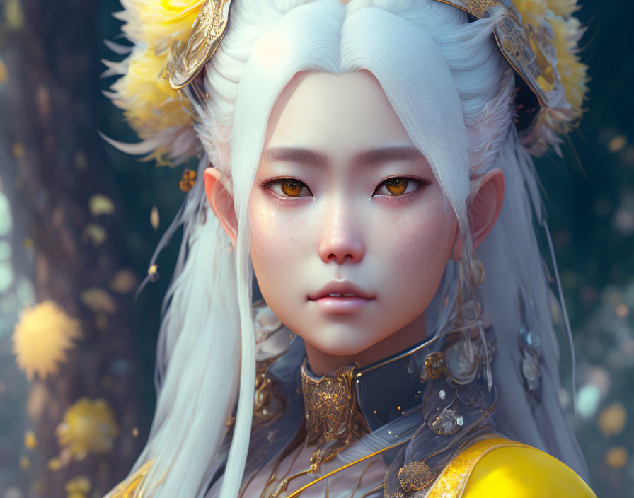 Fantasy character digital portrait with pale skin, white hair, golden eyes, ornate gold and white