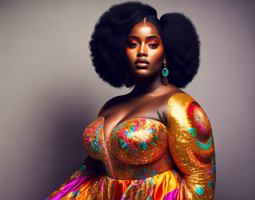 Colorful Dress and Afro Hairstyle on Woman with Dramatic Makeup