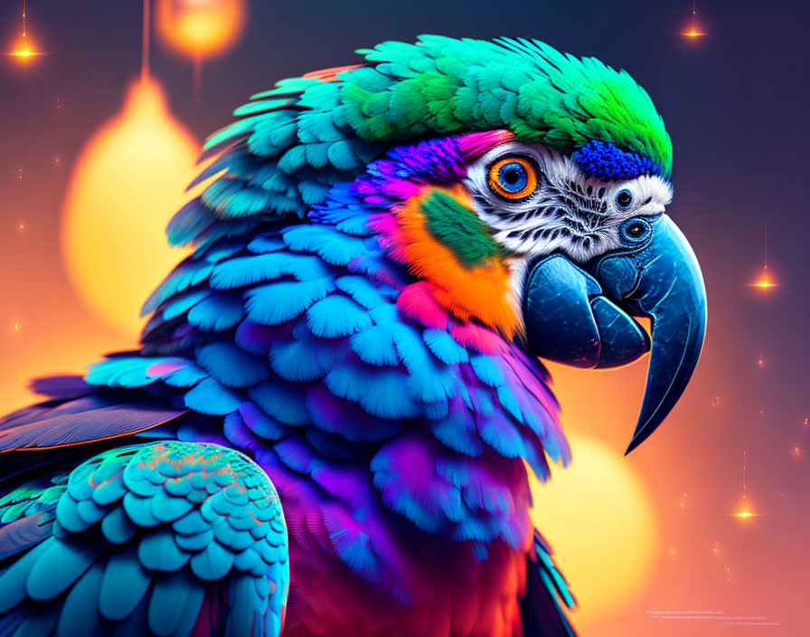 Colorful Macaw Feathers in Green, Blue, and Purple on Orange Background