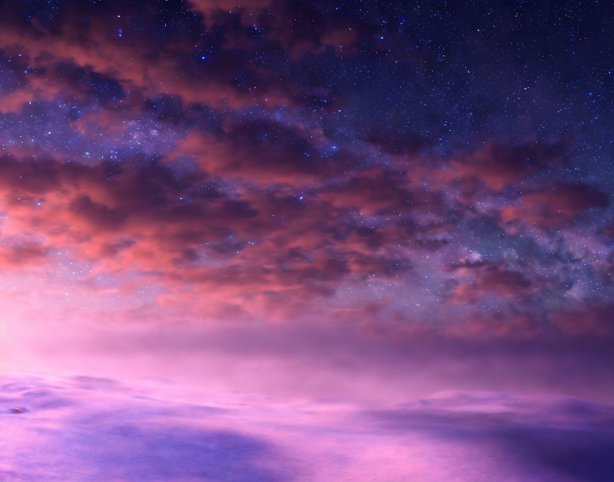 Surreal purple landscape under starry night sky