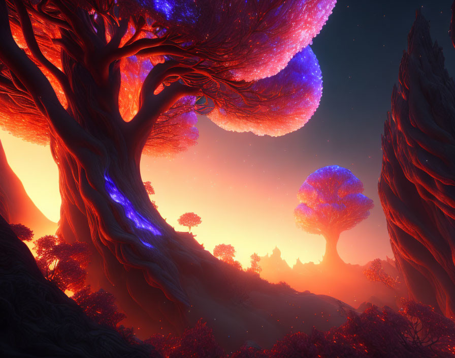 Luminous colossal trees in vibrant fantastical landscape