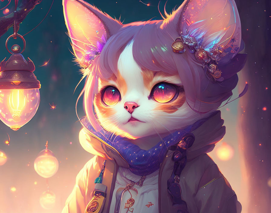 Anthropomorphic cat with glowing eyes in jacket and scarf among lanterns