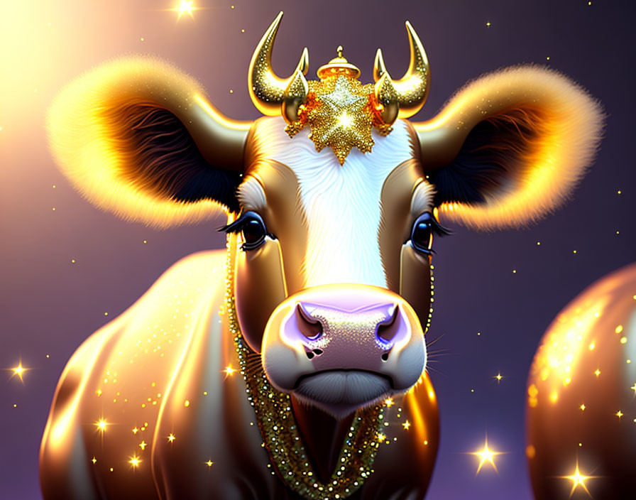 Majestic golden bull with jewels on purple background