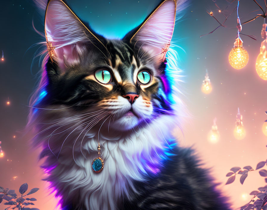 Majestic cat with green eyes and pendant in glowing starry setting