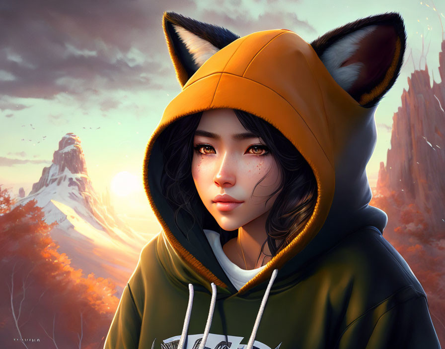 Digital artwork of young woman in fox-themed hoodie with expressive eyes in autumnal setting