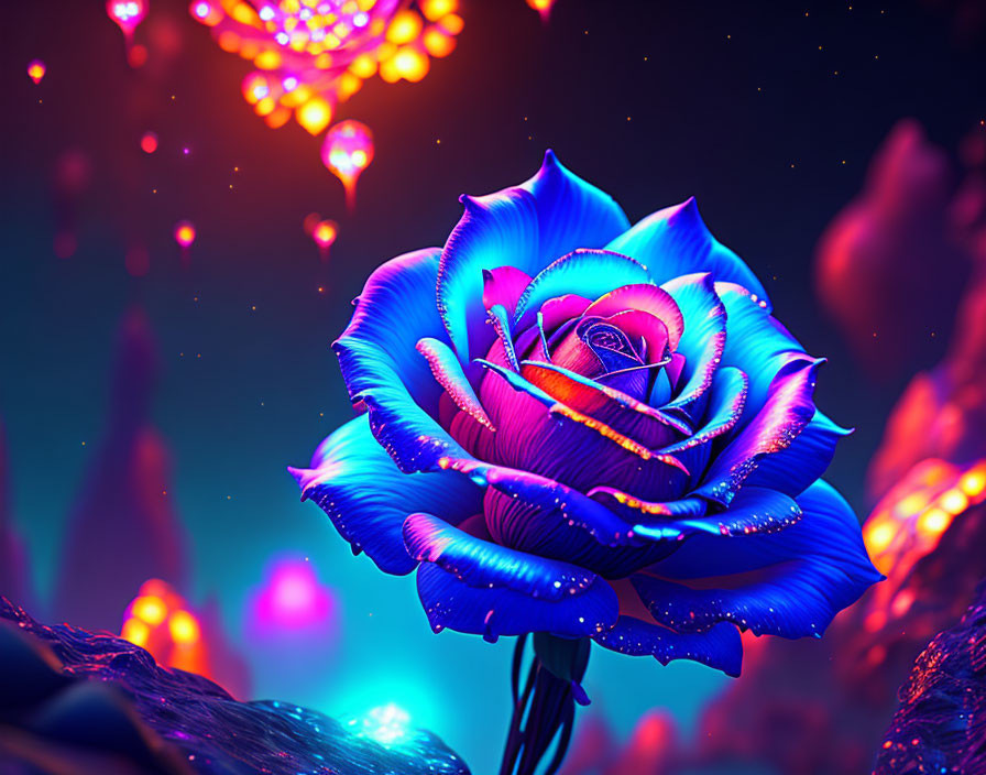 Digital artwork: Vibrant blue and purple rose against fantastical backdrop with glowing edges.