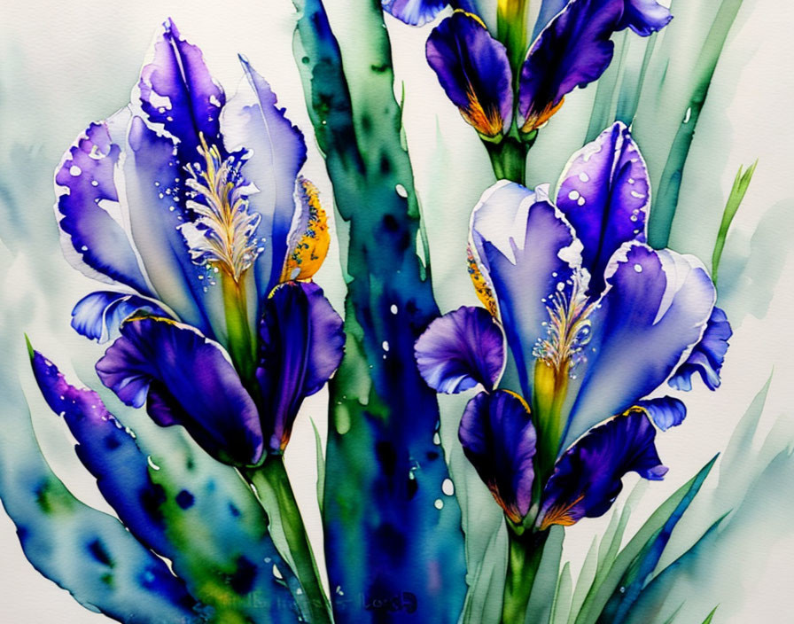 Detailed Watercolor Painting of Purple Irises with Dewdrops on Green Foliage