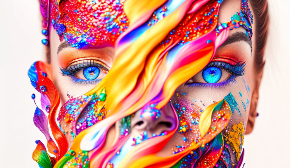 Colorful swirling face art with glitter showcasing blue eyes and creative makeup