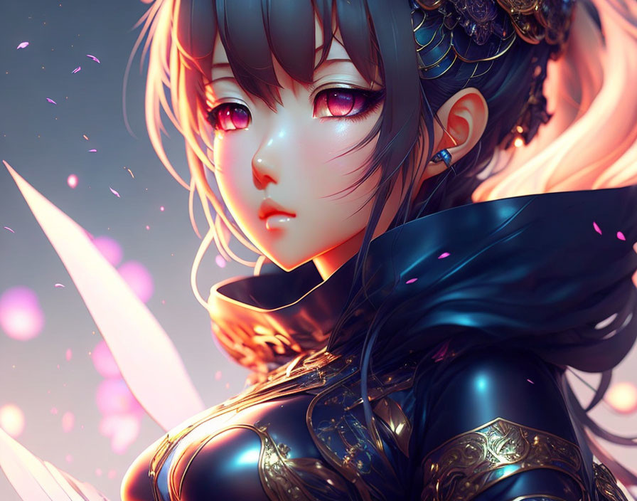 Anime character with pink eyes and dark hair in blue armor surrounded by glowing particles