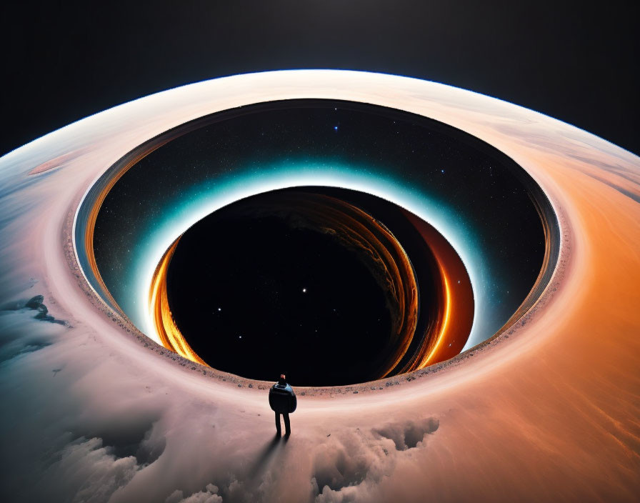 Person standing on cloudy surface gazes at surreal circular Earth horizon against starry sky backdrop.