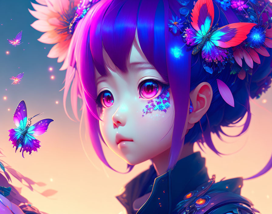Digital Artwork: Girl with Violet Hair and Expressive Eyes Amid Butterflies