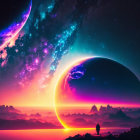 Person in Sci-Fi Landscape with Celestial Bodies and Colorful Sky