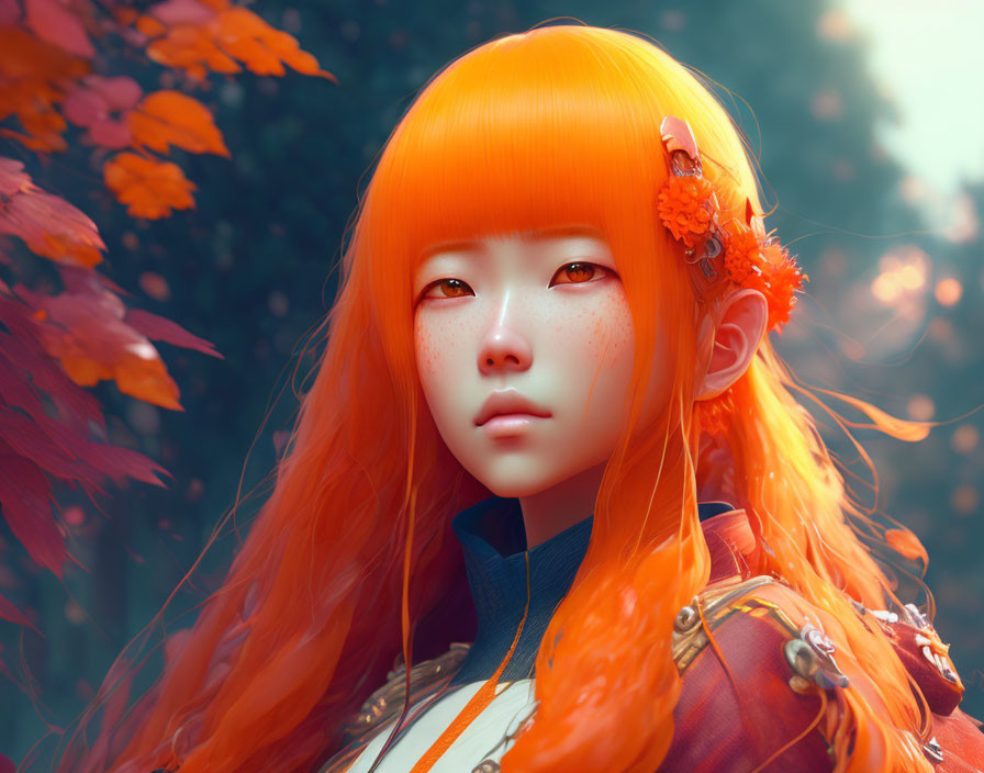 Digital artwork featuring girl with orange hair and fall foliage against autumn background