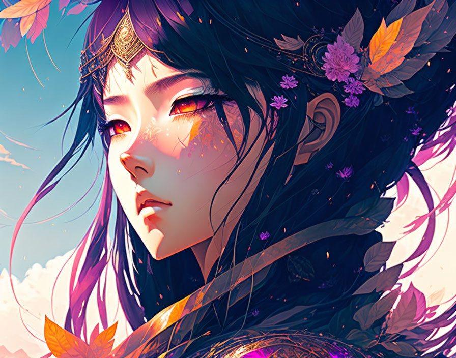 Purple-haired animated character with golden eyes and floral adornments in colorful sky.