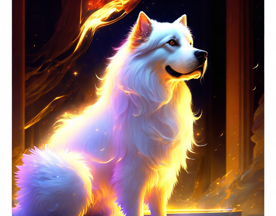 Radiant white dog with glowing fur in fiery light scenery