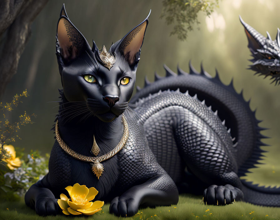 Black cat with yellow eyes and dragon in mystical forest setting