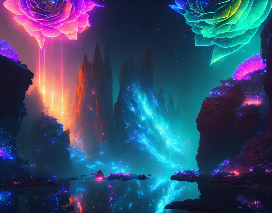 Neon-colored fantasy flora and geological formations in digital art landscape