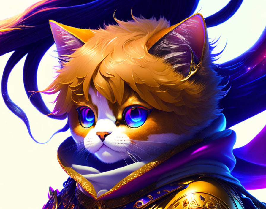 Majestic fantasy cat in orange fur with blue eyes and golden armor