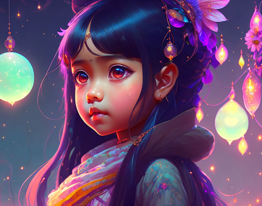 Digital Artwork: Young Girl with Expressive Eyes in Colorful Attire