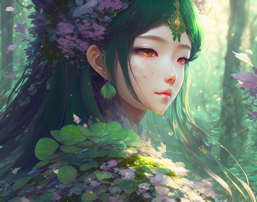 Fantasy character with green hair and floral adornments in sunlit forest