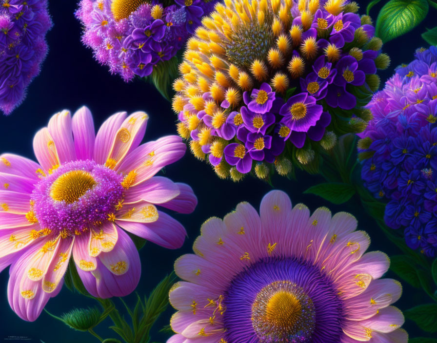 Colorful Close-Up of Purple, Pink, and Yellow Flowers on Dark Background