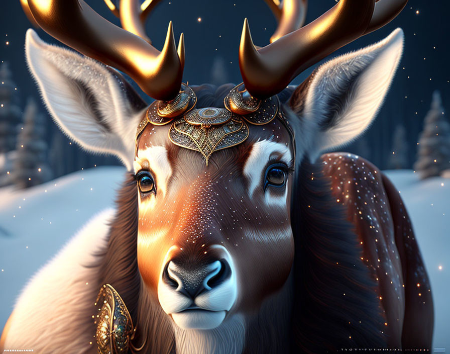 Fantastical reindeer with glowing antlers in starlit night