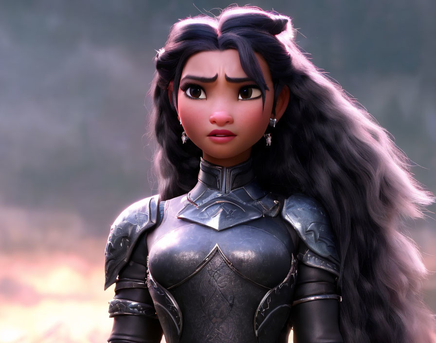 Close-up 3D animated female character with black wavy hair in silver armor on blurred natural backdrop