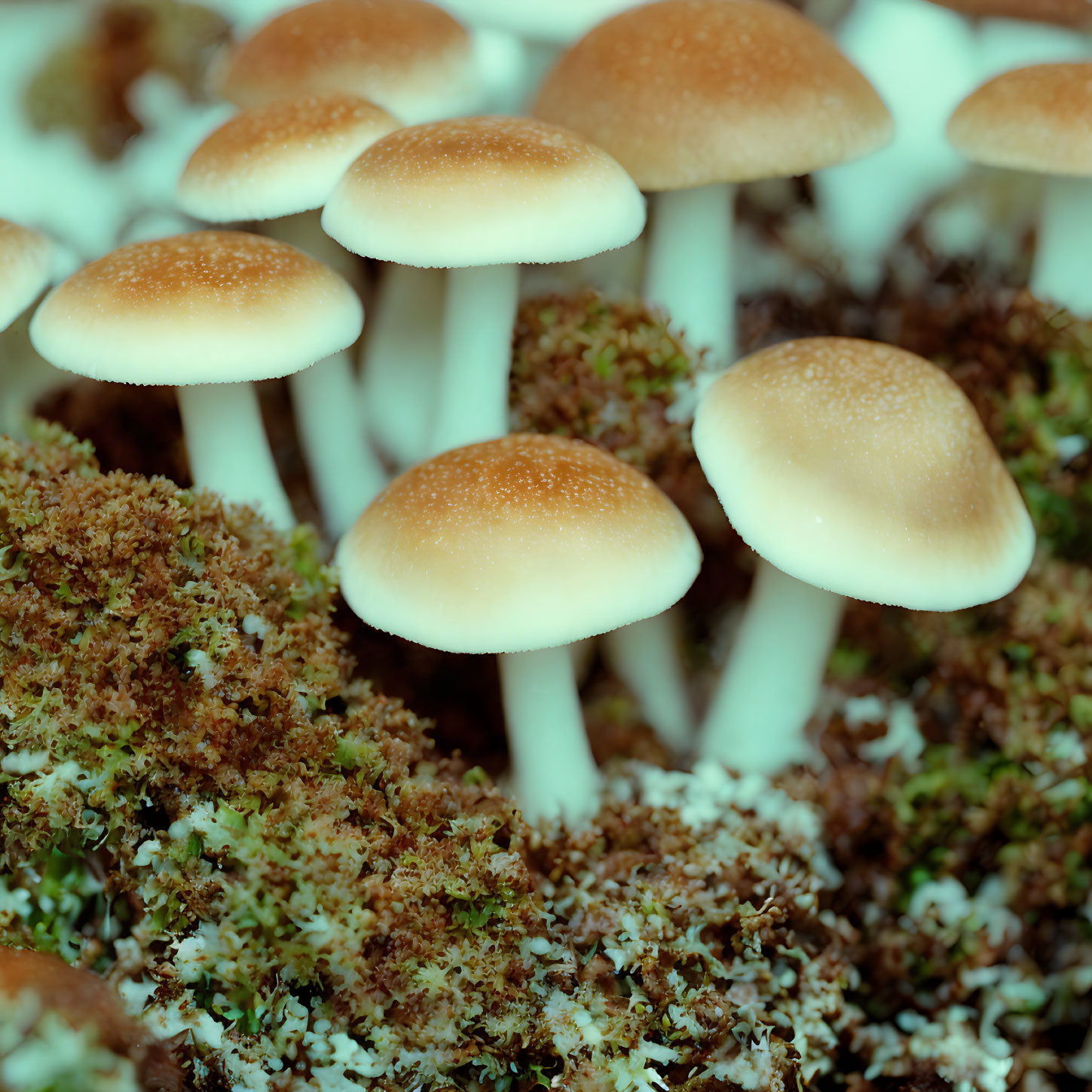 Close-up: Small brown-capped mushrooms on green moss