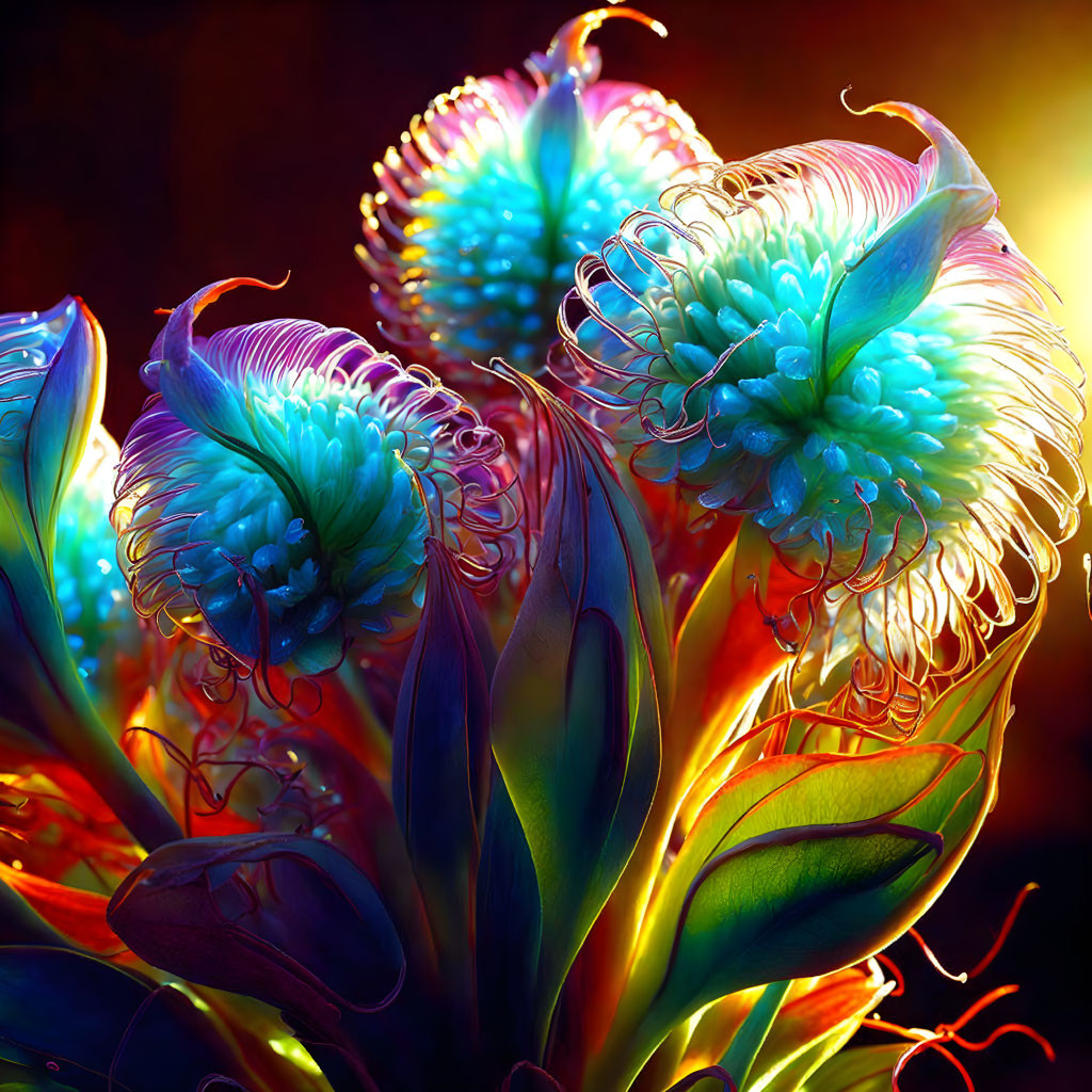 Digitally-Enhanced Neon Flowers on Dark Background