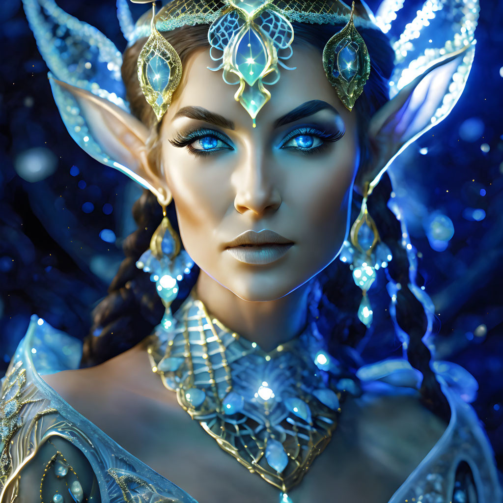 Fantasy portrait of female character with blue eyes and ornate headdress