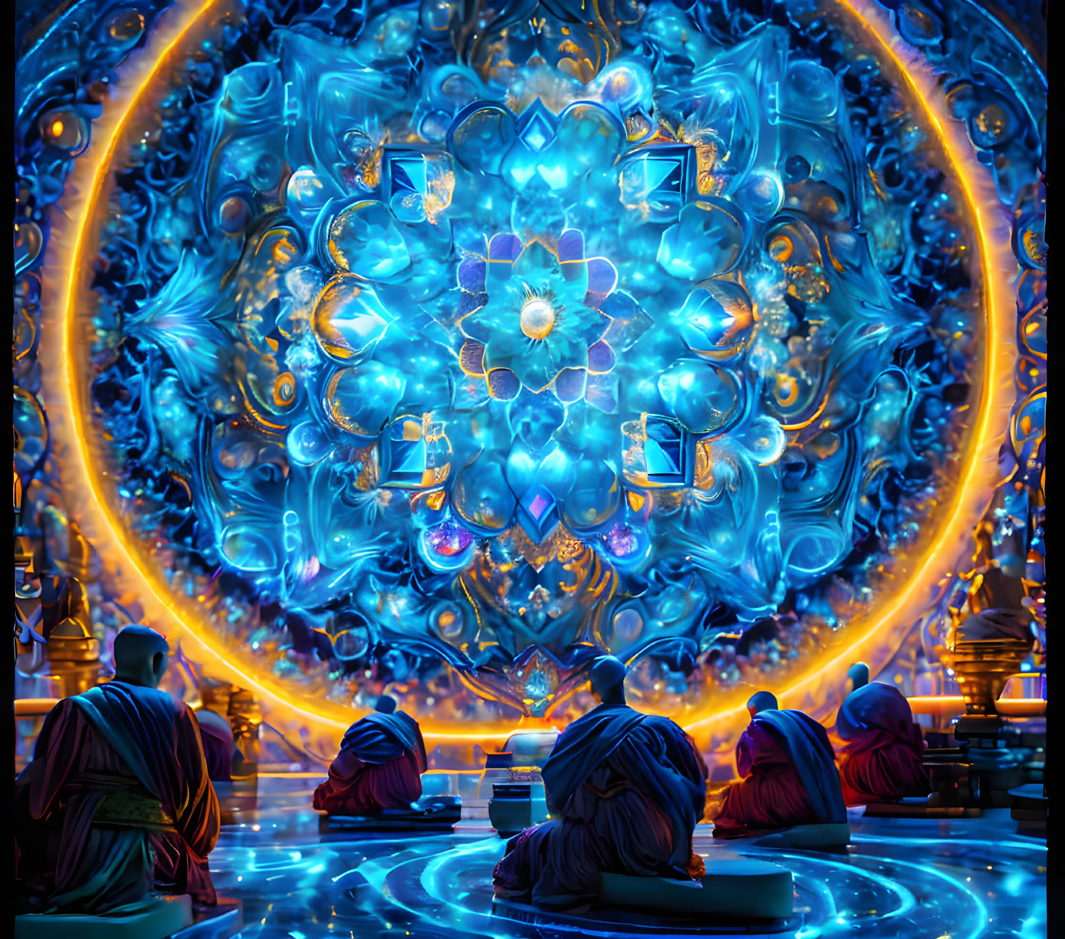 Colorful digital artwork of figures meditating around a blue mandala.