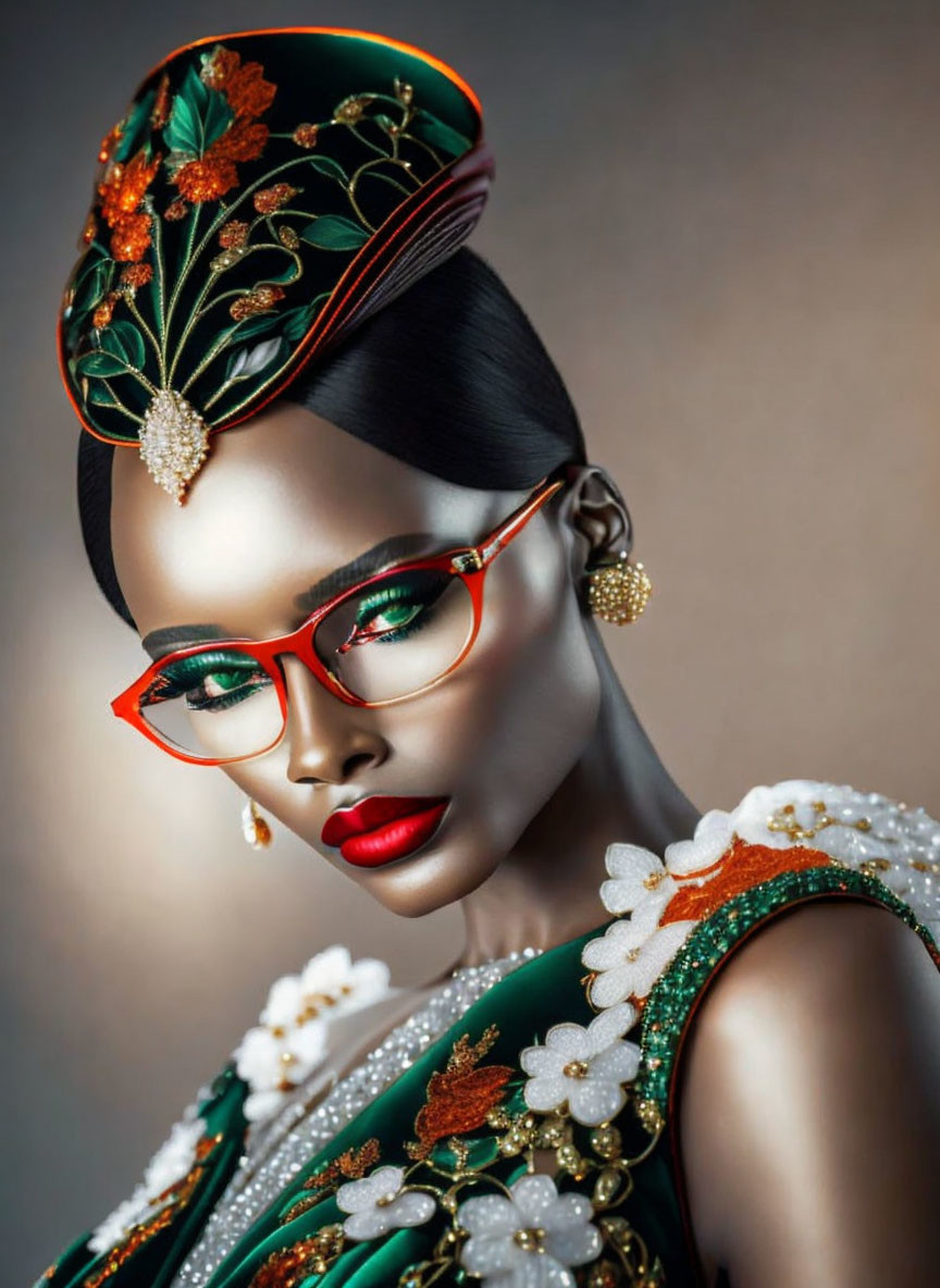 Striking makeup and red glasses on woman with ornate headwear pose elegantly