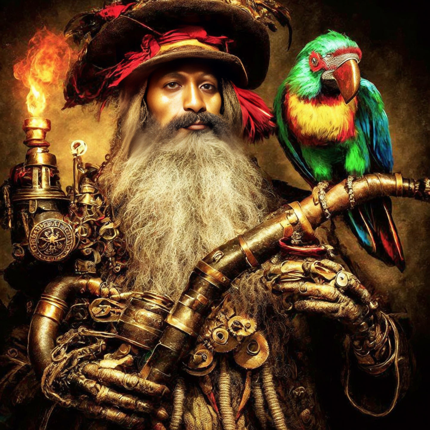 Bearded pirate in steampunk attire with parrot and musket